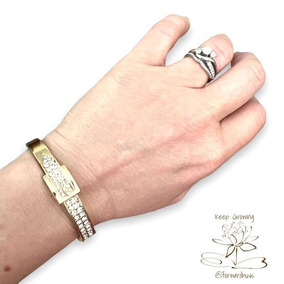Gold Tone Rhinestone Embellished Hinge Bracelet - Picture 1 of 12